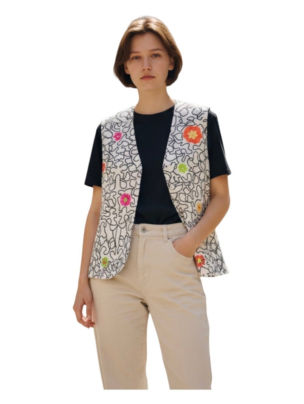 Mercer & Madison Womens Artsy Floral Embroidered Linen Vest Medium